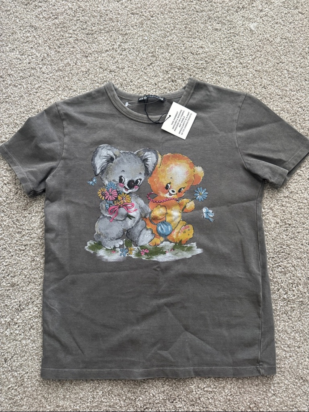 ZARA Cute Koala & Bear Graphic Tee - Charcoal Gray WASHED S